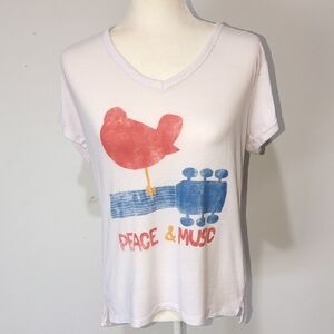 Peace & Music Short Sleeve Tee - White with Red & Blue Graphic
